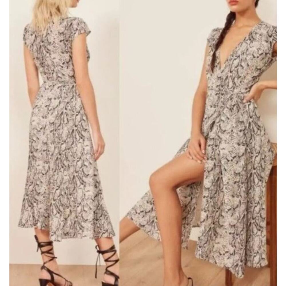NEW Reformation Carina Rattlesnake Print Wrap Midi Dress Boho Gray Womens Sze XL